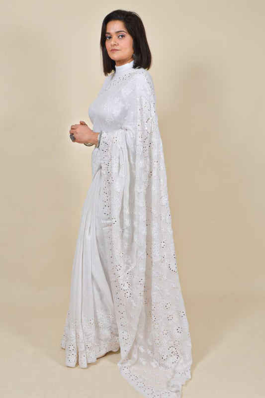 Fabnuma Handcrafted White Viscose Chikankari Saree-Mukesh Work - Fabnuma
