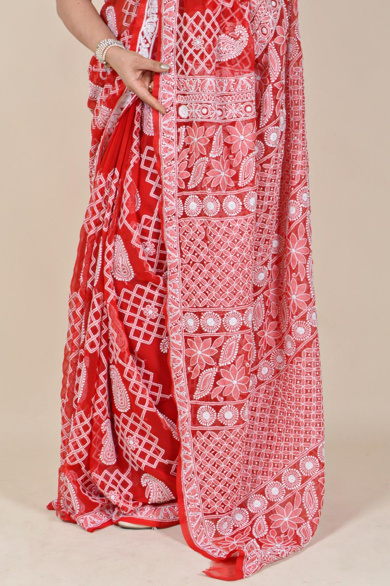Fabnuma Handcrafted Red Georgette Chikankaree Saree-Blouse - Fabnuma