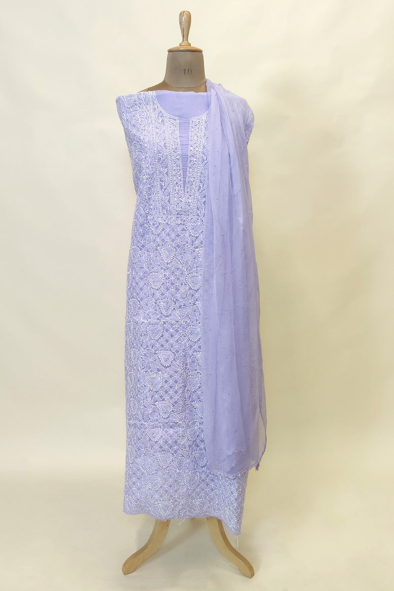 Fabnuma Handcrafted Lavender Cotton Chikankari 3Pcs Unstiched Suit Set - Fabnuma