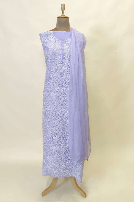 Fabnuma Handcrafted Lavender Cotton Chikankari 3Pcs Unstiched Suit Set - Fabnuma