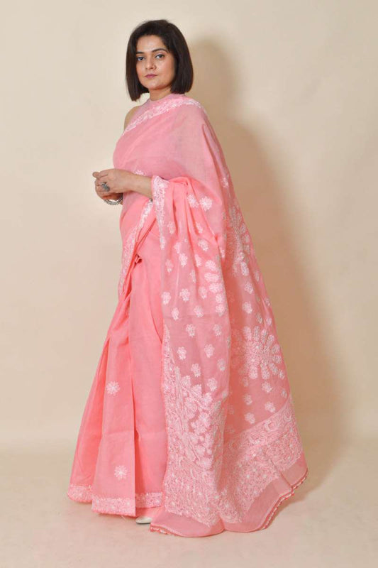 Fabnuma Handcrafted Peach Chikankari Cotton Saree-Blouse - Fabnuma