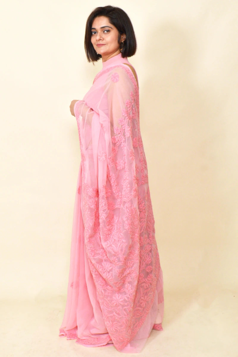 Fabnuma Handcrafted Peach Georgette Chikankari Saree-Blouse - Fabnuma