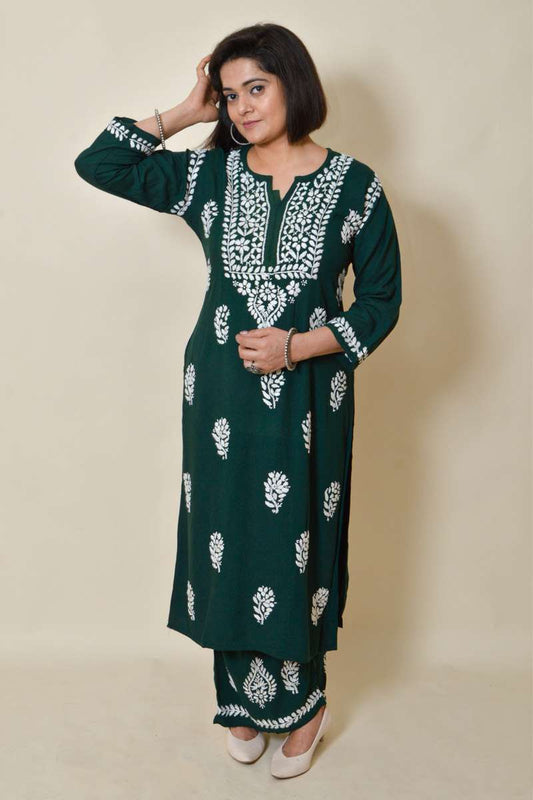 Fabnuma Handcrafted Olive Green Rayon Cotton Chikankari Kurta Bottom Set - Fabnuma