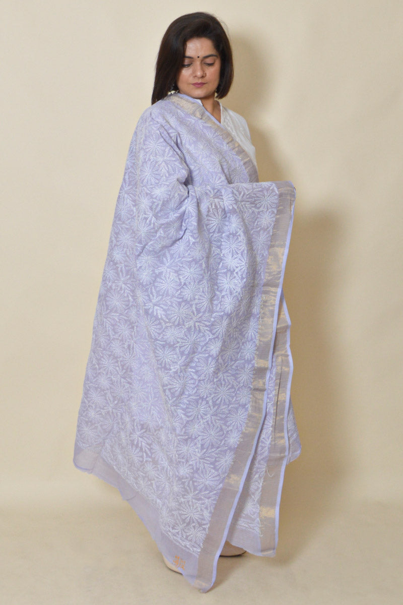 Fabnuma Handcrafted Lavender Kota Cotton Allover Chikankari Dupatta - Fabnuma