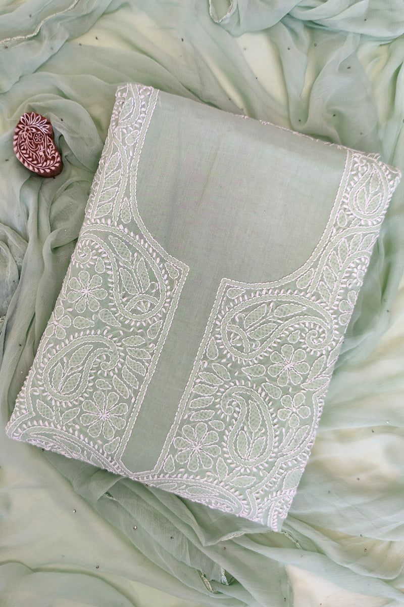 Fabnuma Handcrafted Pista Green Cotton Chikankari 3Pcs Unstiched Suit Set - Fabnuma
