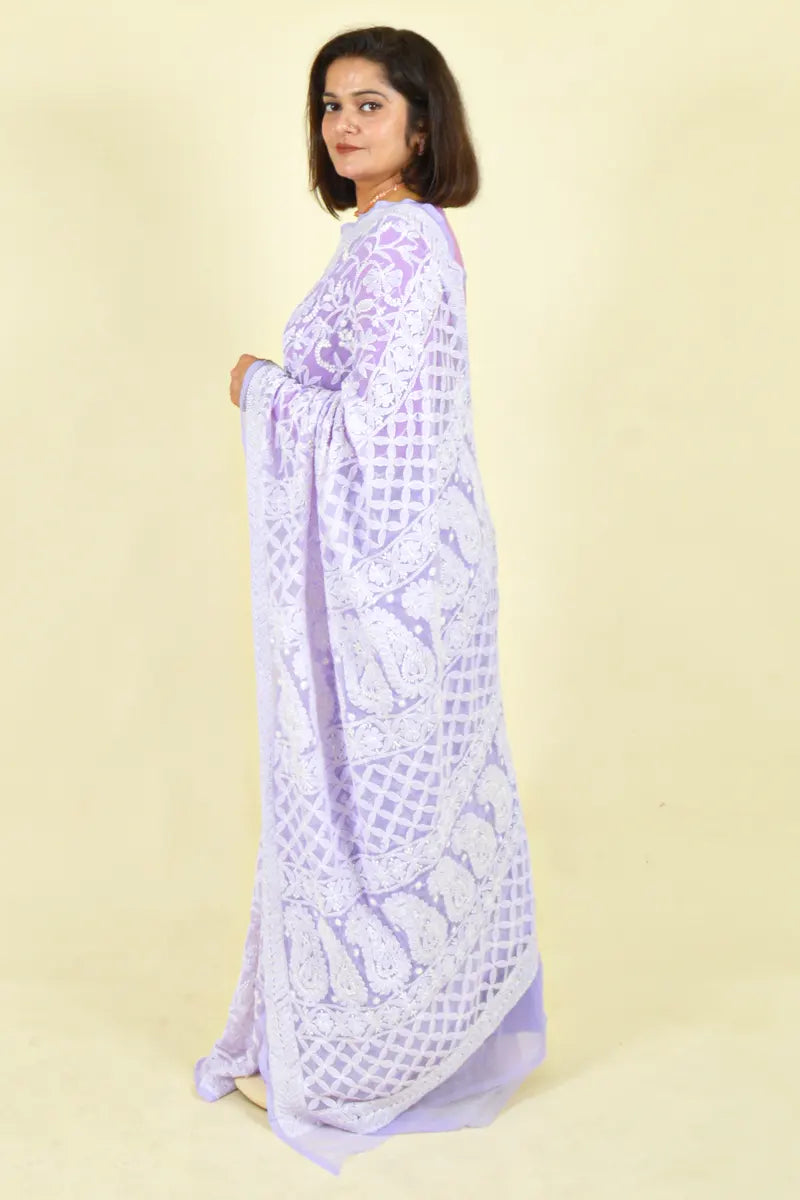 Fabnuma Handcrafted Lavender Georgette Chikankari Saree-Blouse - Fabnuma