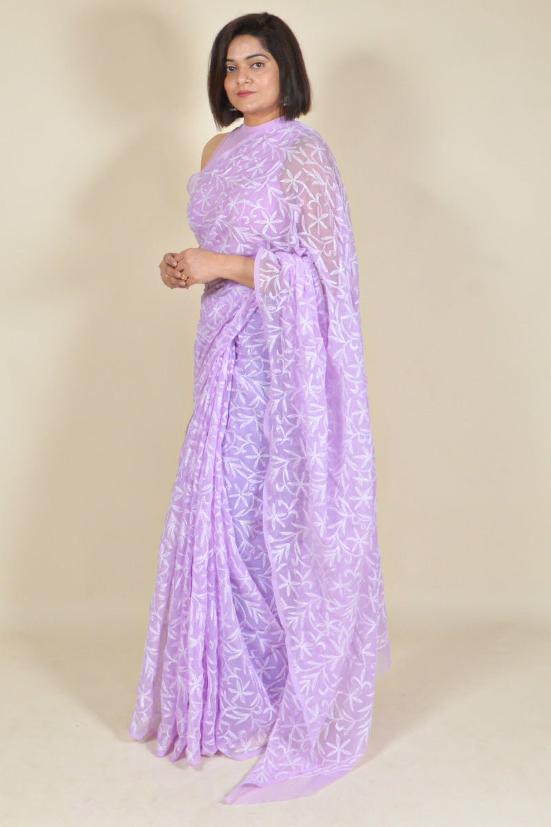 Fabnuma Handcrafted Lavender Georgette Tepchi Chikankari Saree-Blouse - Fabnuma