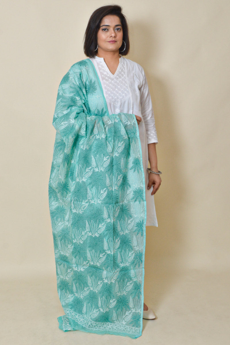 Fabnuma Handcrafted Sea Green Kota Cotton Chikankari Dupatta - Fabnuma