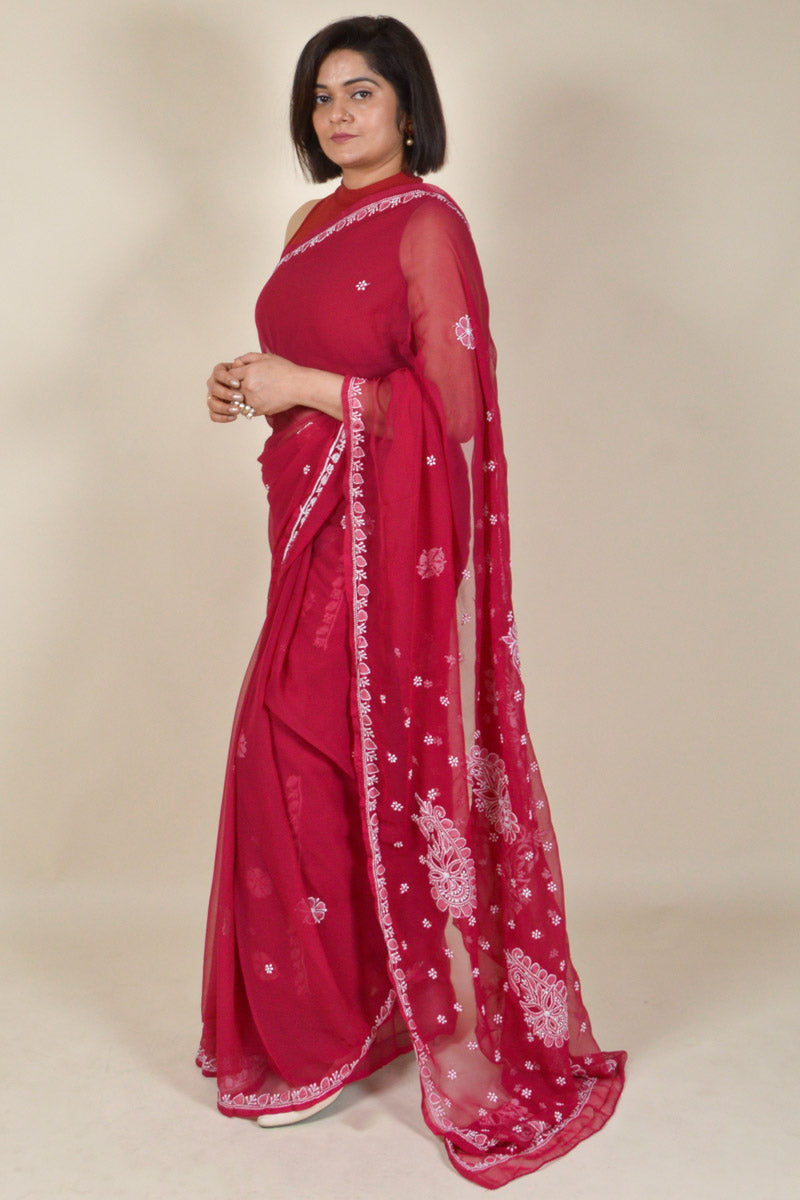 Fabnuma Handcrafted Red Georgette Chikankari Saree-Blouse - Fabnuma
