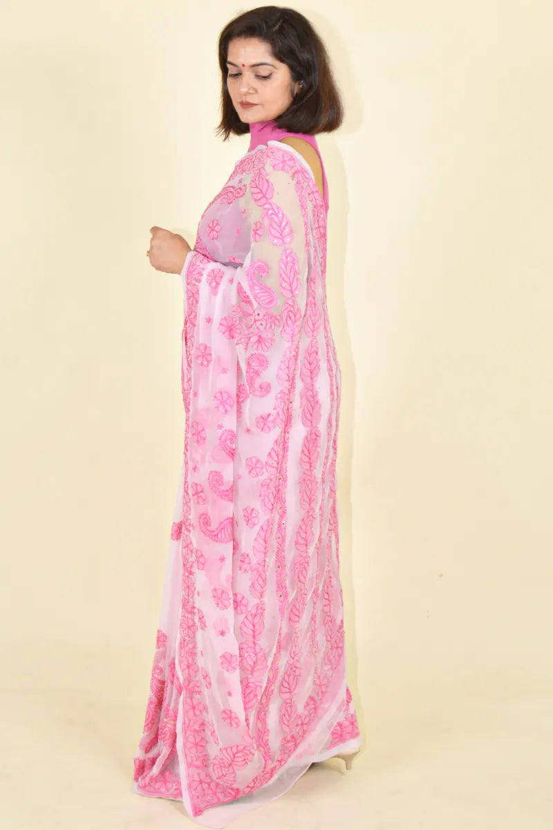 Fabnuma Handcrafted Pink Georgette With Mukaish Work Chikankari Saree-Blouse