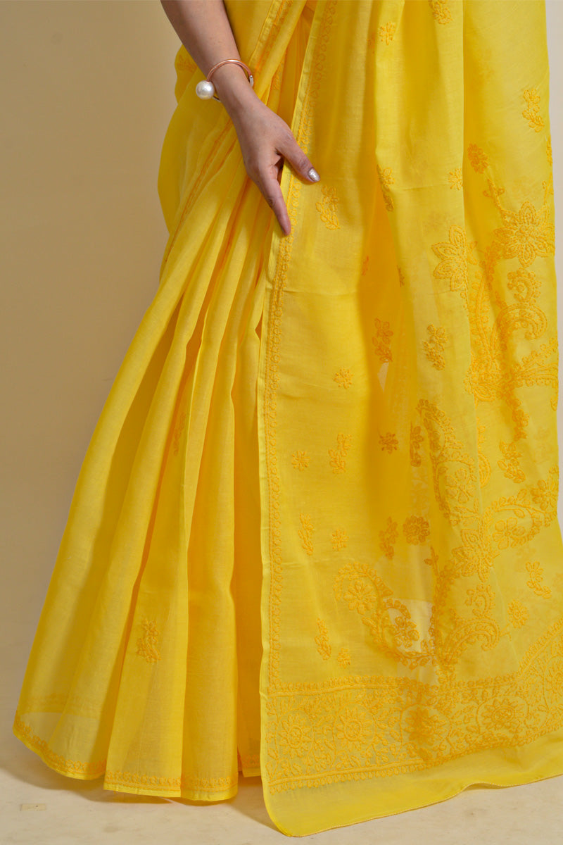 Fabnuma Handcrafted Yellow Cotton Chikankari Saree-Blouse - Fabnuma