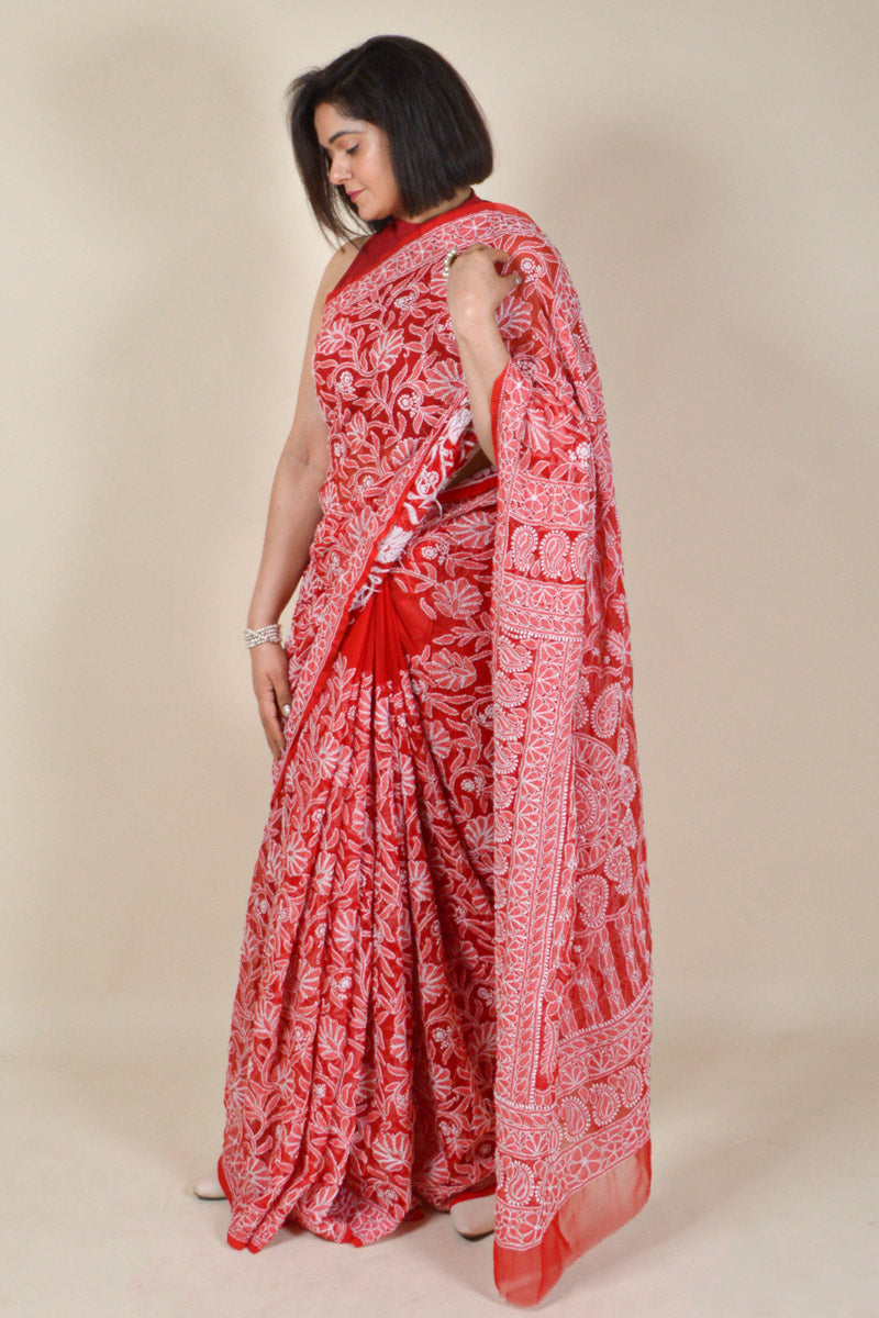 Fabnuma Handcrafted Red Georgette Chikankari Saree-Blouse - Fabnuma