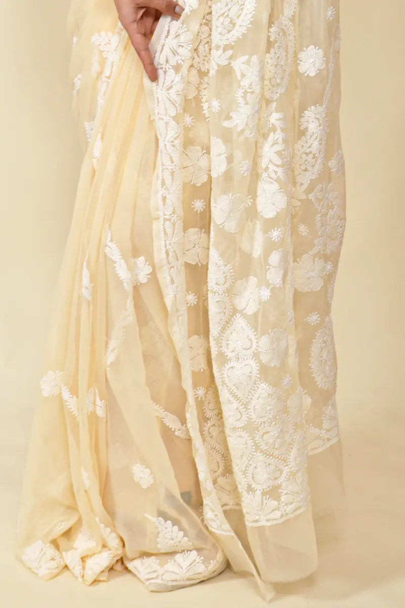 Fabnuma Handcrafted Fawn Georgette Chikankari Saree-Blouse - Fabnuma