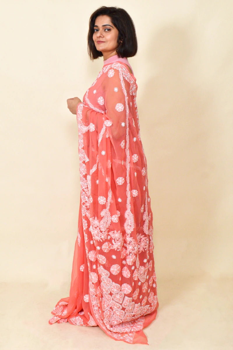 Fabnuma Handcrafted Carrot Red Georgette Chikankari Saree-Blouse - Fabnuma