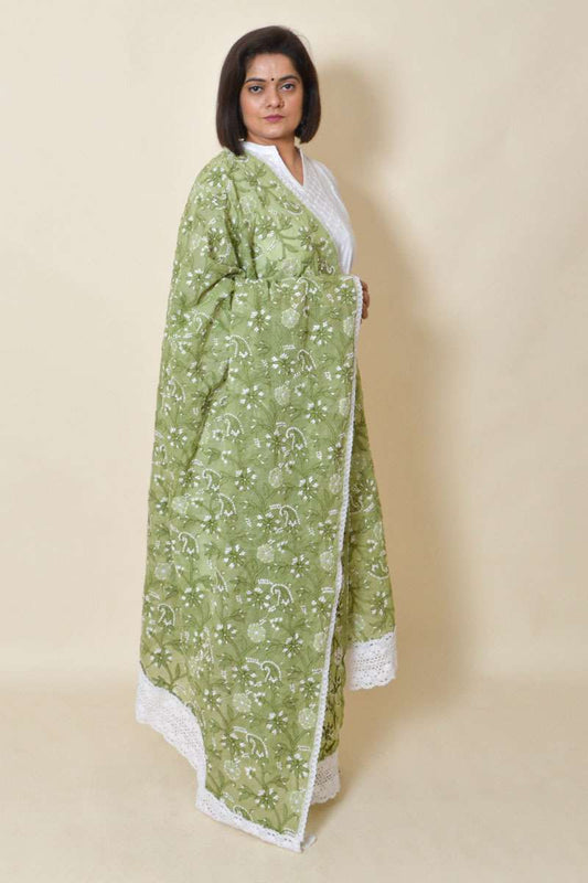 Fabnuma Handcrafted Green Cotton Allover Chikankari Dupatta - Fabnuma