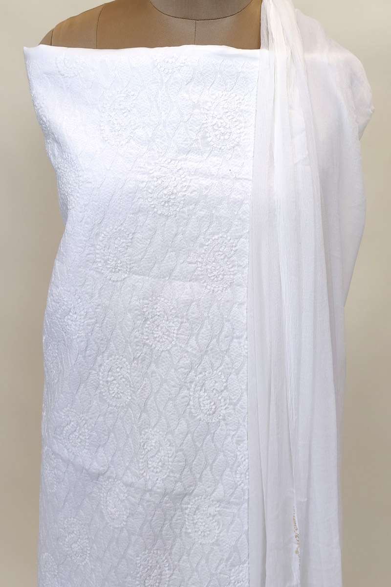 Fabnuma Handcrafted White Cotton Chikankari 3Pcs Unstiched Suit Set - Fabnuma