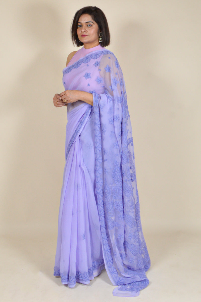 Fabnuma Handcrafted Lavender Georgette Chikankari Saree-Blouse - Fabnuma
