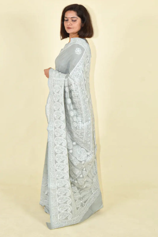 Fabnuma Handcrafted Gray Cotton Chikankari Saree-Blouse - Fabnuma