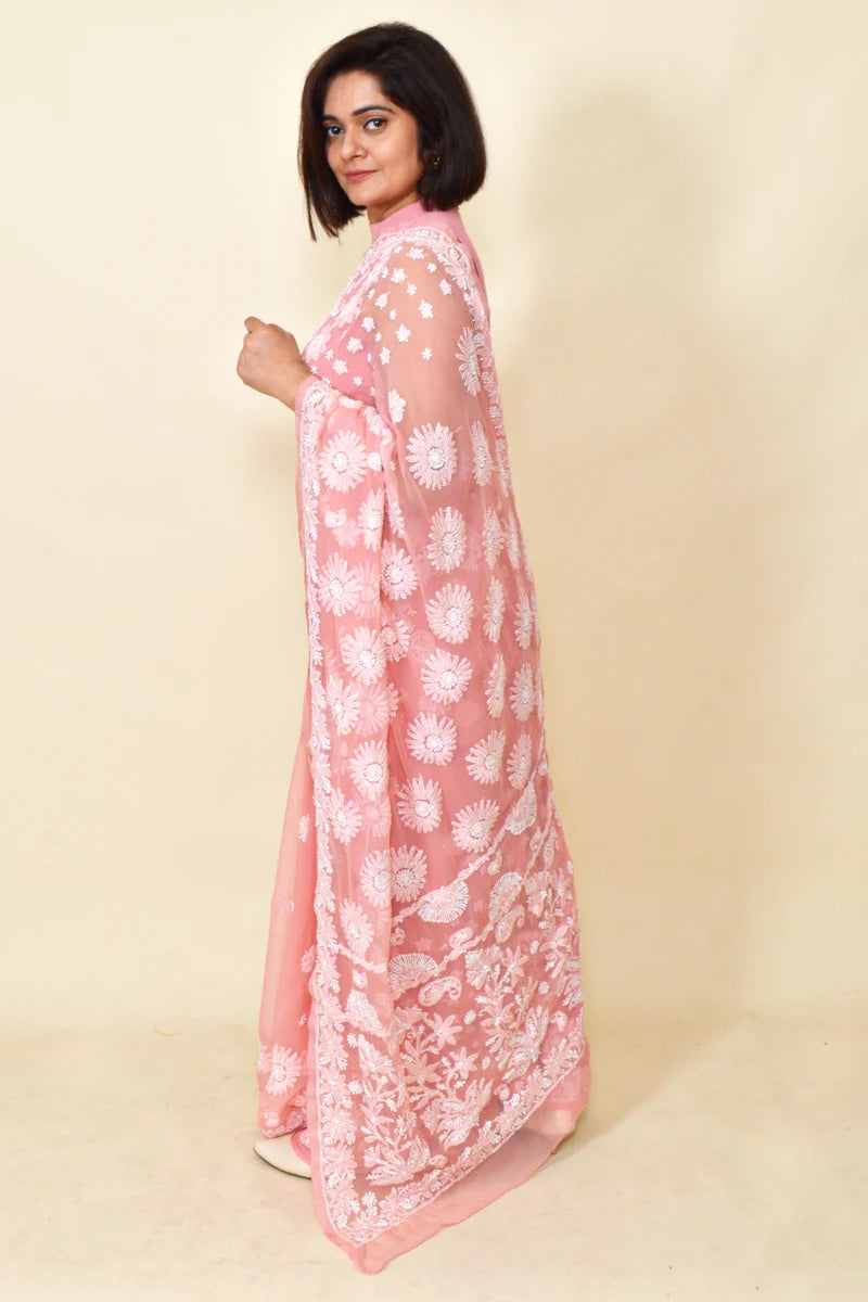 Fabnuma Handcrafted Peach Georgette Chikankari Saree-Blouse - Fabnuma