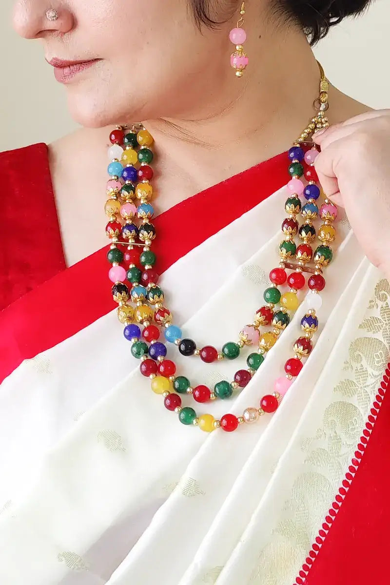 Fabnuma Handcrafted Multi Beaded Layer Neckpiece & Dangle Earrings - Fabnuma