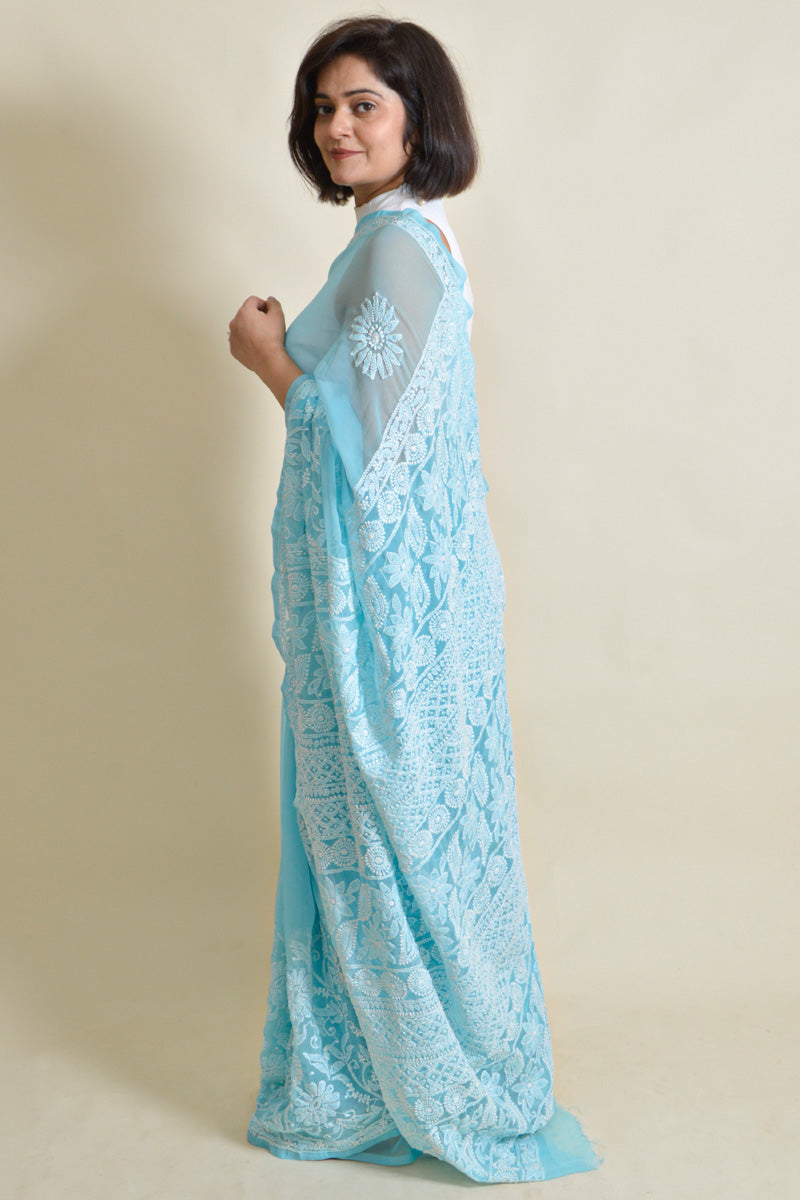 Fabnuma Handcrafted Sky Blue Georgette Chikankari Saree-Blouse - Fabnuma