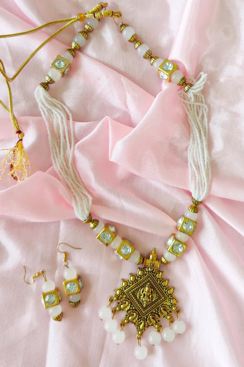 Fabnuma Handcrafted White Neckpiece Golden Oxidise Plated Pendant-Dangle Earrings - Fabnuma