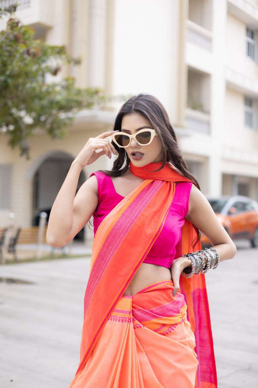 Chanchala - Peach Orange Saree with Pink Border MeMaana