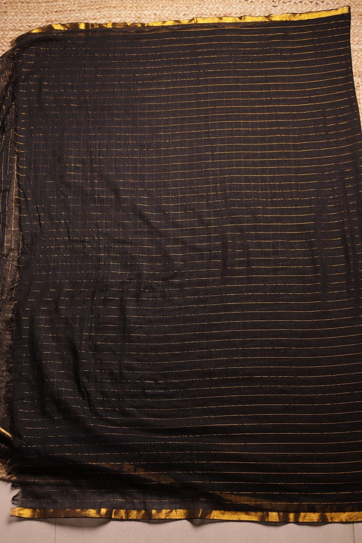 Black Bloom - Black & Gold Grid Pattern Designer Mul Cotton Saree with Modern Draped Style MeMaana