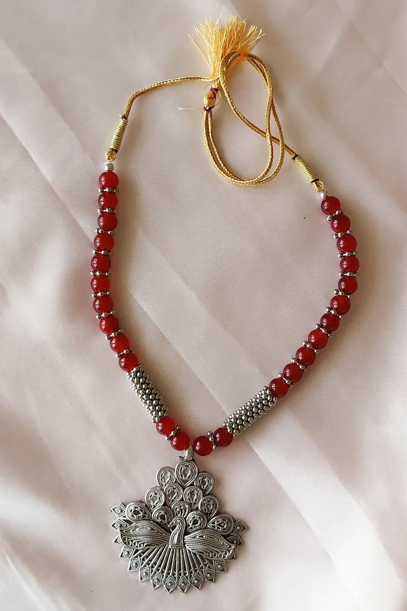 Fabnuma Handcrafted Red Beaded Neckpiece Oxidize Plated Pendant - Fabnuma