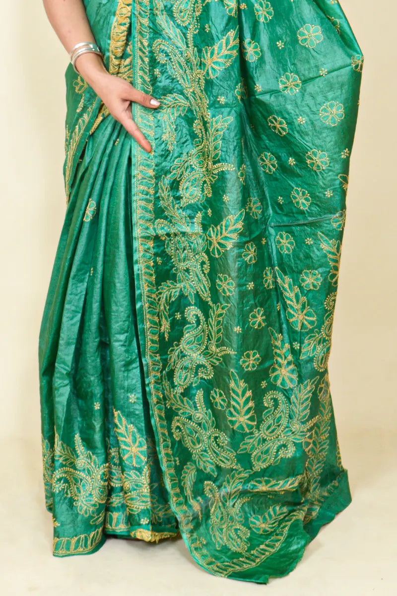 Fabnuma Handcrafted Teal Green Tussar Silk Chikankari Saree-Blouse - Fabnuma