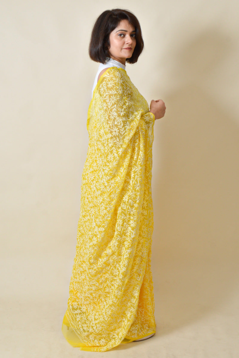 Fabnuma Handcrafted Yellow Georgette Chikankari Tepchi Saree-Blouse - Fabnuma