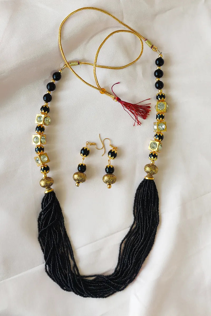 Fabnuma Handcrafted Black & Golden Beads Layer Neckpiece & Dangle Earrings - Fabnuma
