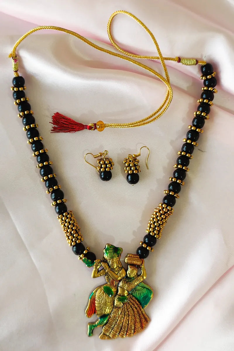 Fabnuma Handcrafted Black Glass Beads Neckpiece Radha Krishna Plated Pendant & Dangle Earrings - Fabnuma