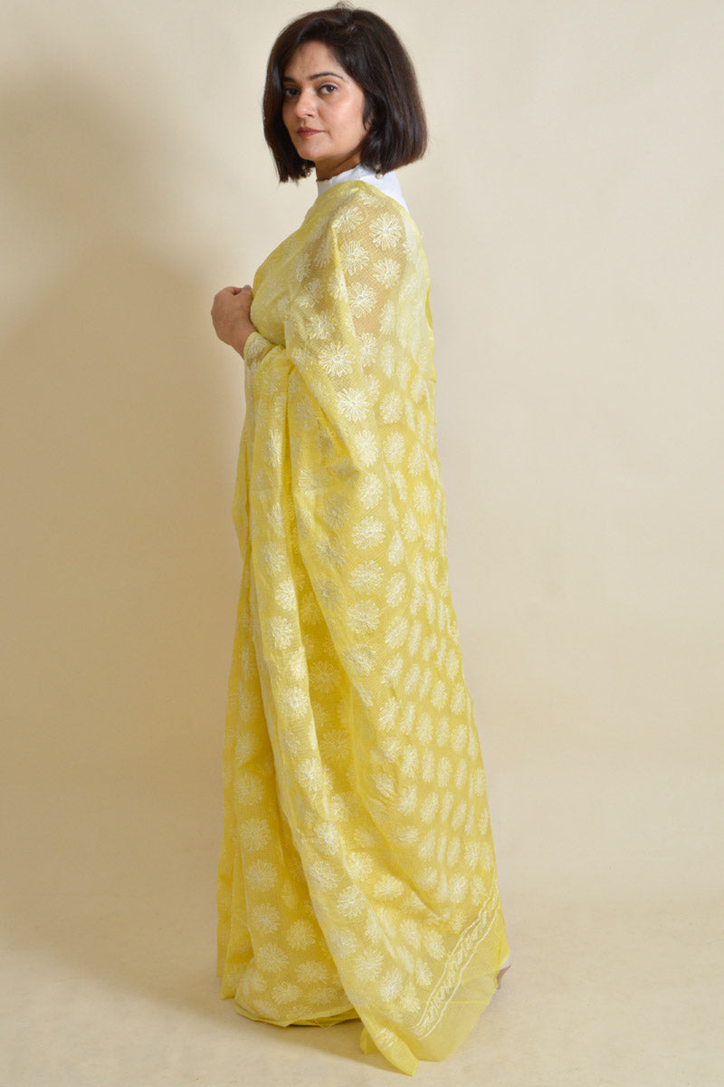 Fabnuma Handcrafted Lemon Kota Cotton Chikankari Tepchi Saree-Blouse - Fabnuma