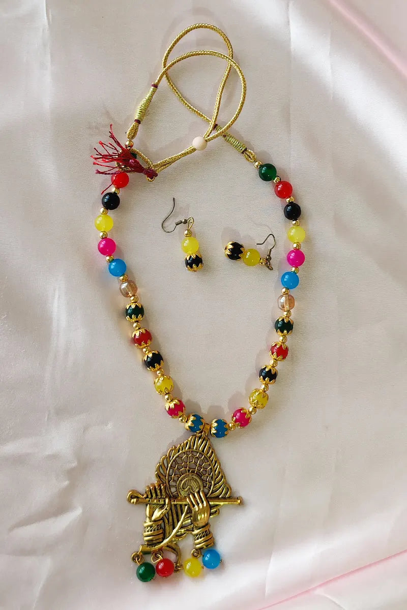 Fabnuma Handcrafted Multi Golden Oxidize Antic Plated Pendant Neckpiece & Dangle Earrings - Fabnuma