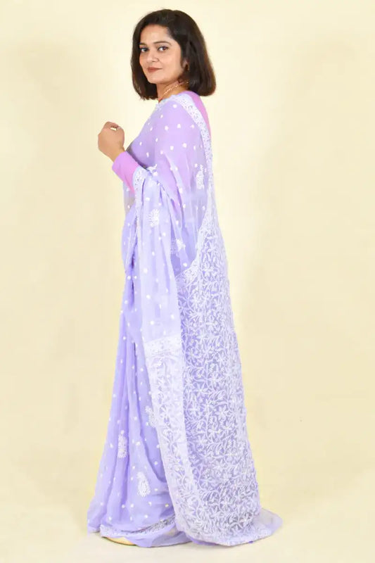 Fabnuma Handcrafted Lavender Georgette Chikankari Saree-Blouse - Fabnuma
