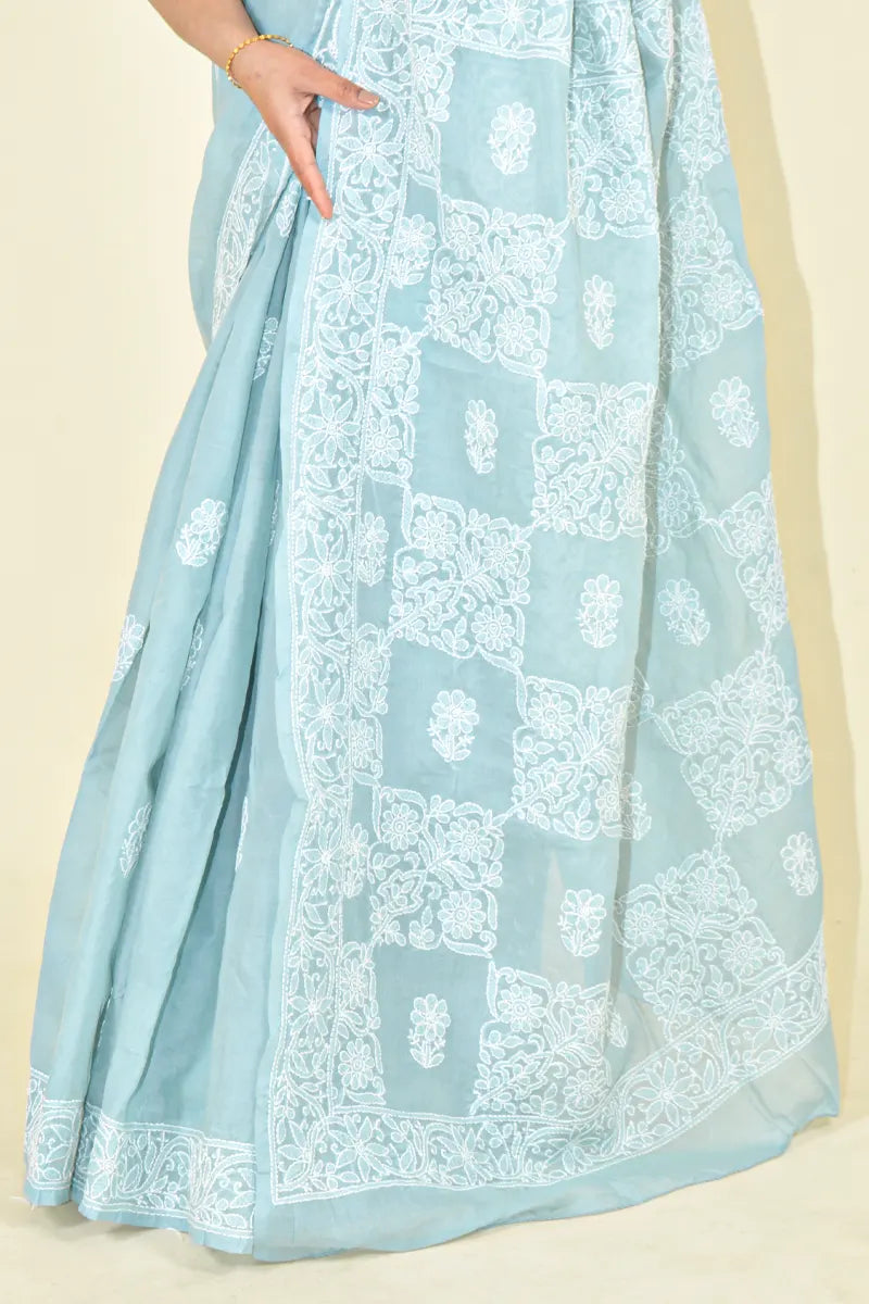 Fabnuma Handcrafted Gray Cotton Chikankari Saree-Blouse - Fabnuma