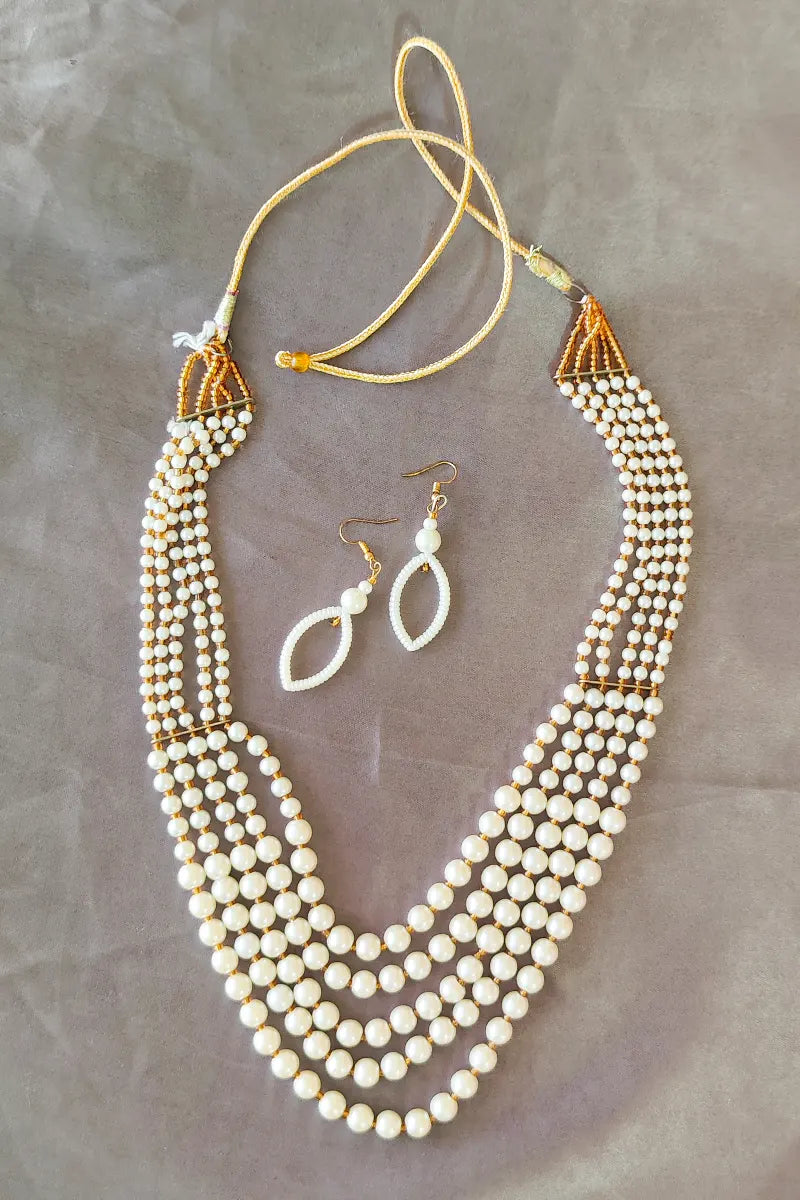Fabnuma Handcrafted White Pearl Layer Neckpiece & Dangle Earrings - Fabnuma