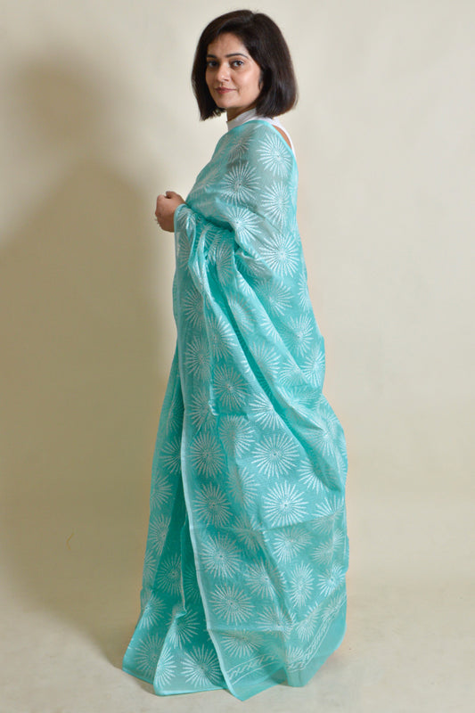 Fabnuma Handcrafted Sea Green Kota Cotton Chikankari Saree-Blouse - Fabnuma
