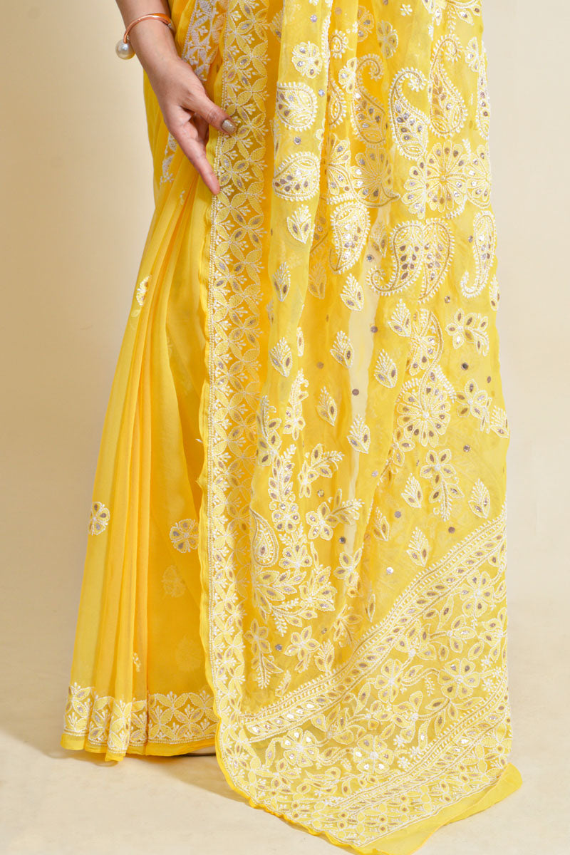 Fabnuma Handcrafted Yellow Georgette Chikankari Saree-Blouse - Fabnuma