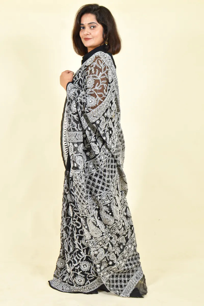 Fabnuma Handcrafted Black Georgette Chikankari Saree-Blouse - Fabnuma