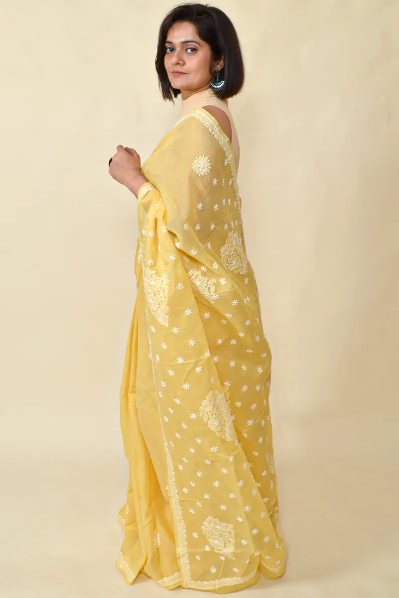 Fabnuma Handcrafted Yellow Cotton Chikankari Saree-Blouse - Fabnuma