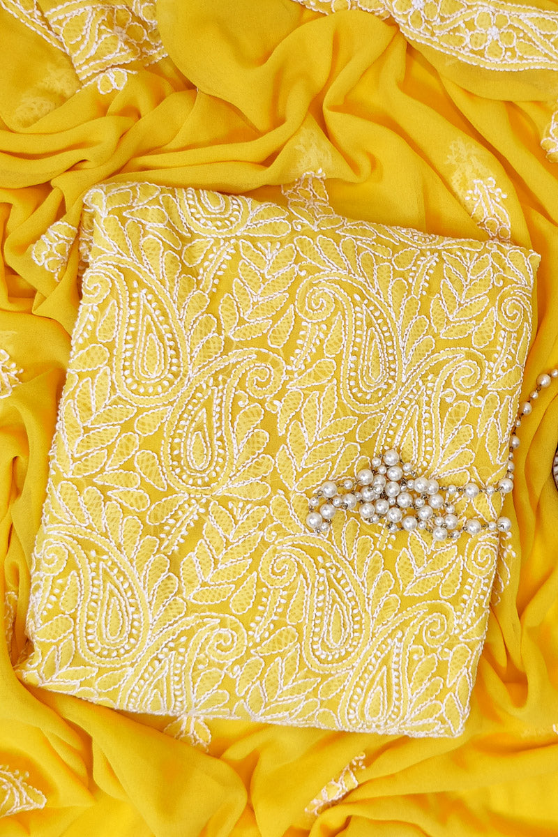 Fabnuma Handcrafted Yellow Georgette Chikankari 3Pcs Unstiched Suit Set - Fabnuma