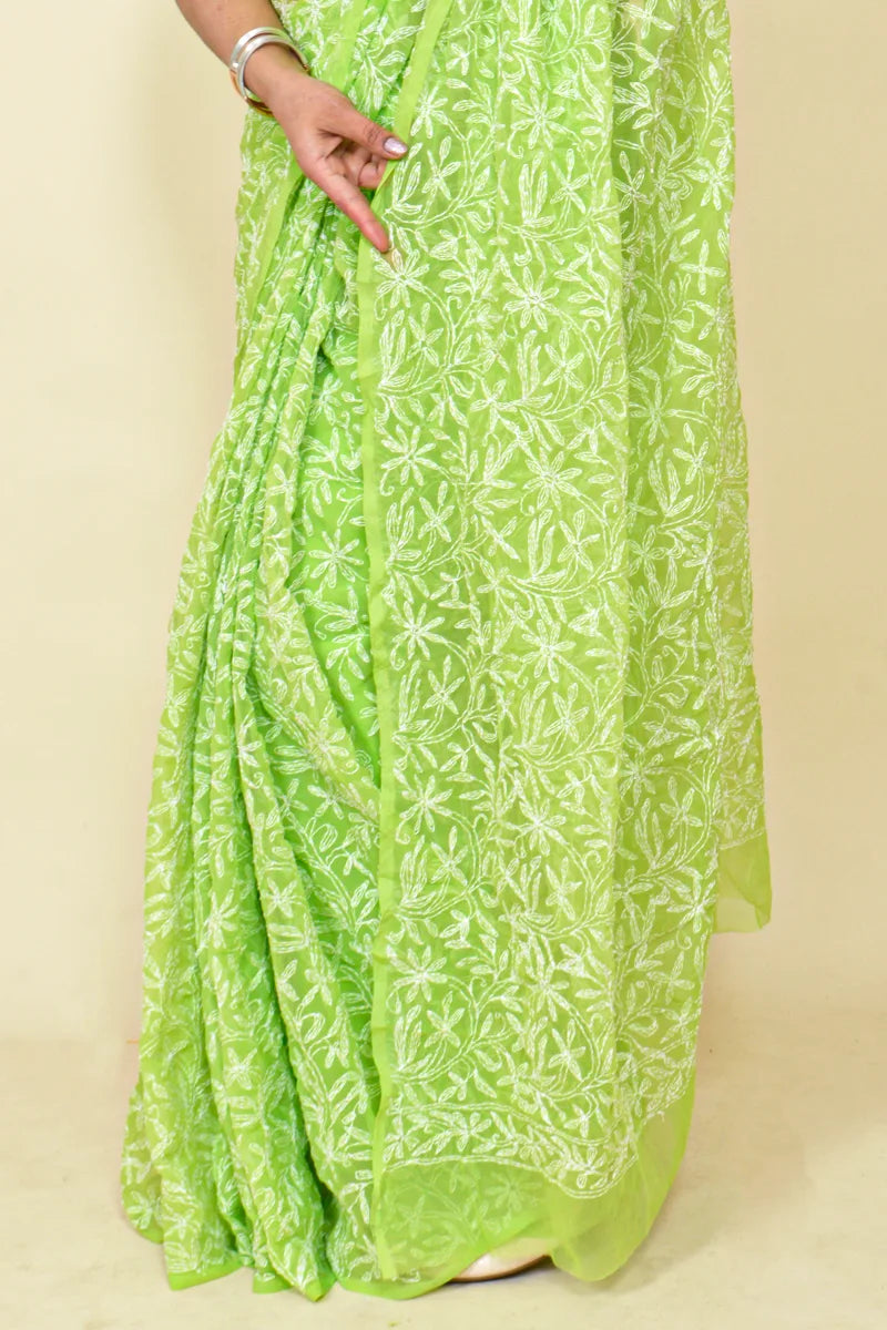 Fabnuma Handcrafted Light Green Georgette Tepchi Chikankari Saree & Blouse - Fabnuma