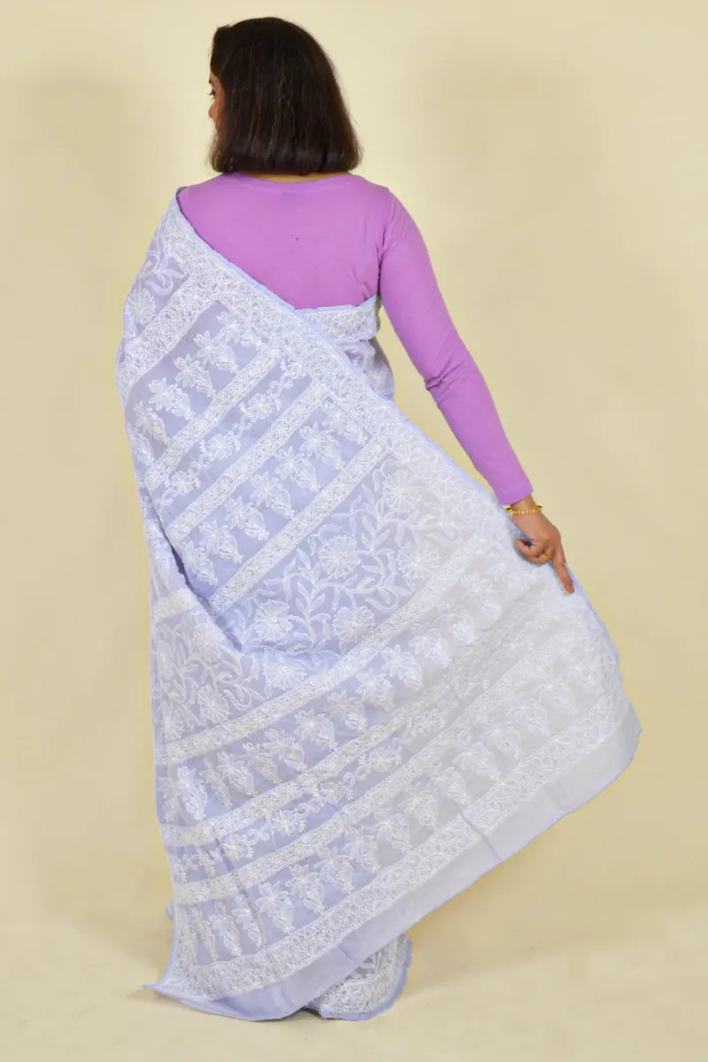 Fabnuma Handcrafted Lavender Cotton Chikankari Saree-Blouse - Fabnuma