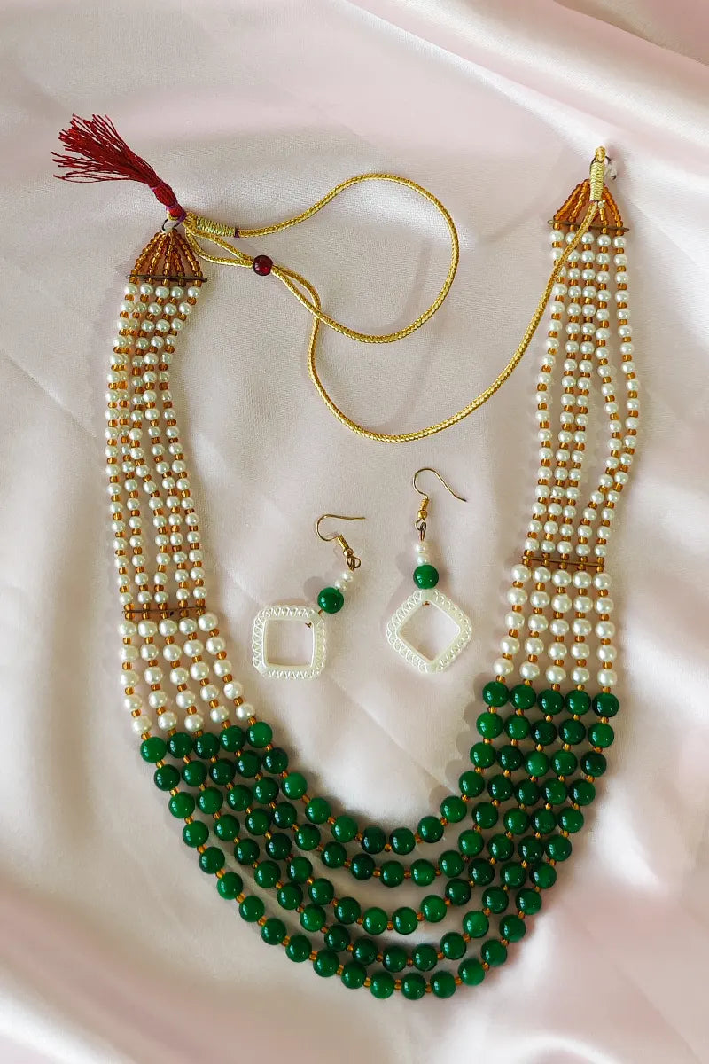 Fabnuma Handcrafted Green & White Layers Necklace & Dangle Earrings - Fabnuma
