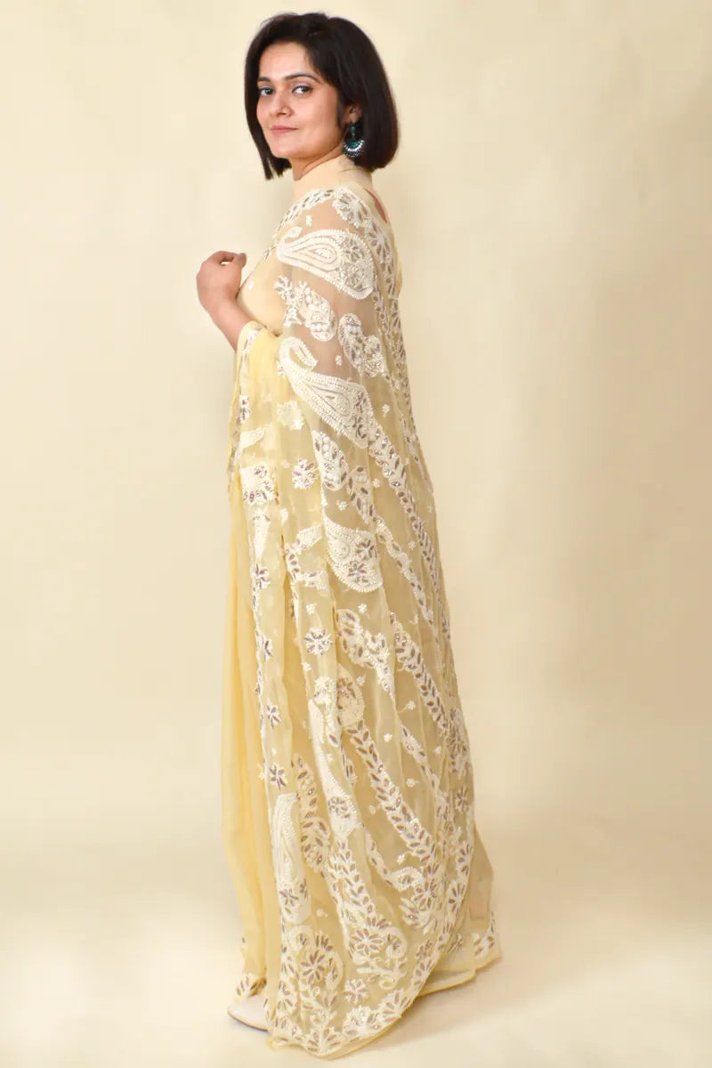 Fabnuma Handcrafted Fawn Georgette Gota Patti Chikankari Gota Patti Work Saree-Blouse - Fabnuma