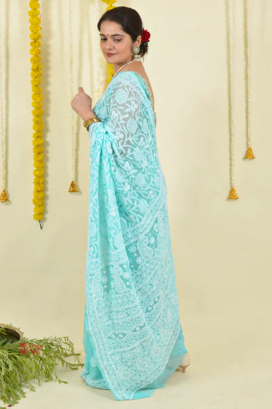 MeMaana Handcrafted Sea Green Georgette Chikankari Saree-Blouse MeMaana