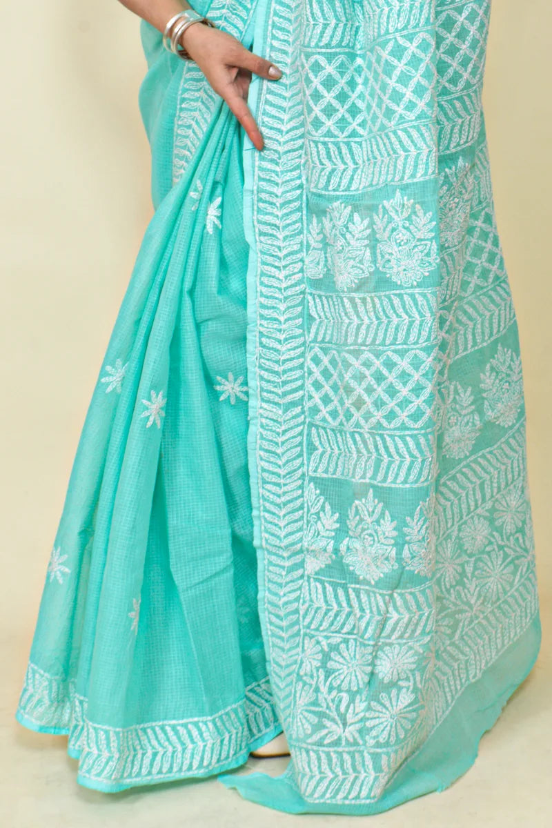Fabnuma Handcrafted Sea Green Kota Cotton Chikankari Saree-Blouse - Fabnuma