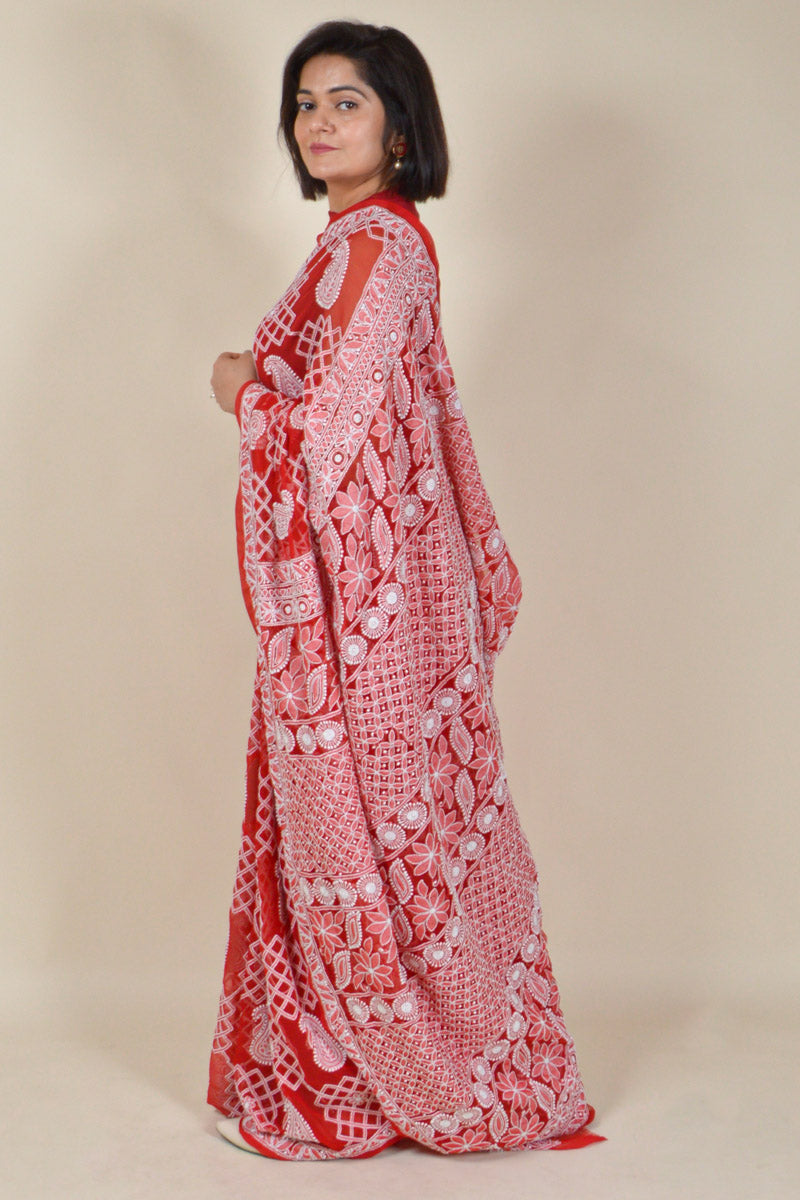 Fabnuma Handcrafted Red Georgette Chikankaree Saree-Blouse - Fabnuma